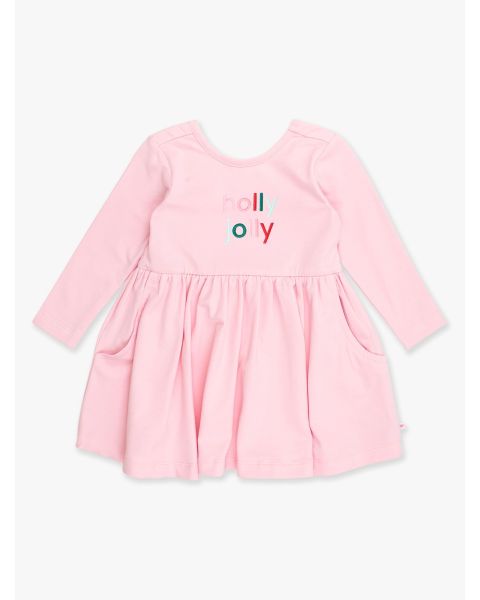 holly jolly Embroidered Pink Knit Long Sleeve Twirl Dress