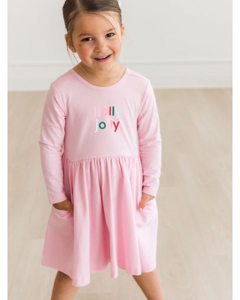 holly jolly Embroidered Pink Knit Long Sleeve Twirl Dress
