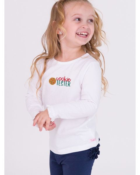 Cookie Tester  Embroidered White Knit Long Sleeve Ruffle Layering Tee