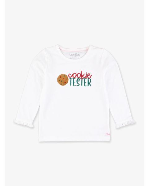 Cookie Tester  Embroidered White Knit Long Sleeve Ruffle Layering Tee