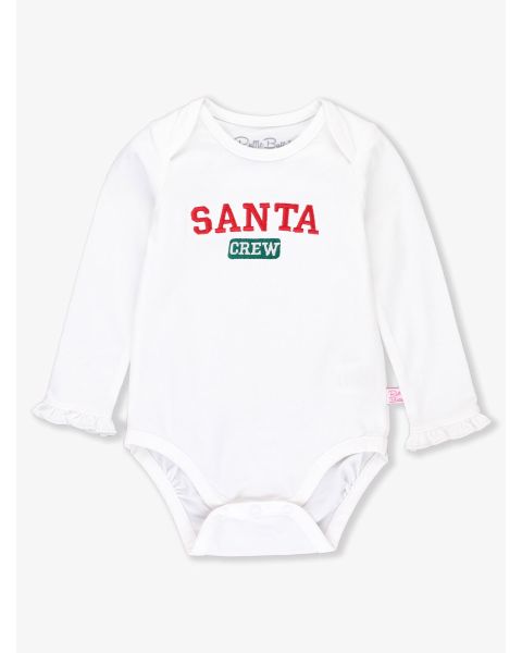 Santa Crew Embroidered White Knit Long Sleeve Ruffle Layering Bodysuit