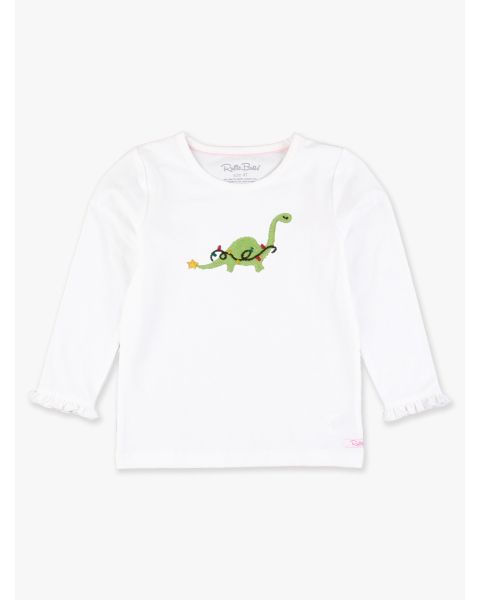 Holiday Dino Embroidered White Knit Long Sleeve Ruffle Layering Tee