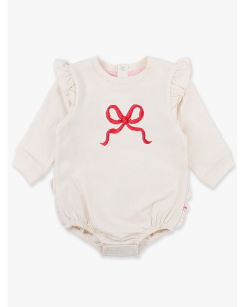 Red Bow Embroidered Ivory Sweatshirt Bubble Romper