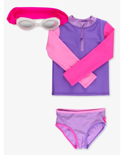 Neon Magenta Swim Goggles + Neon Purple Color Block LS Zip RG 2P