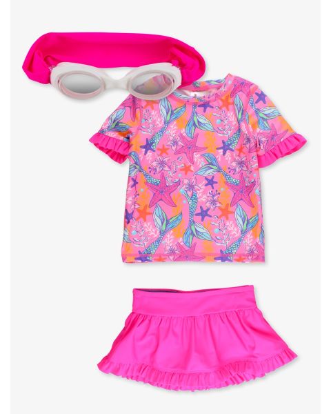 Neon Magenta Swim Goggles + Neon Shimmer Mermaid SS Ruffle RG Skirted 2P