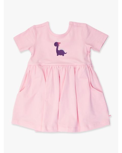 Purple Dino Embroidered Pink Knit Short Sleeve Twirl Dress