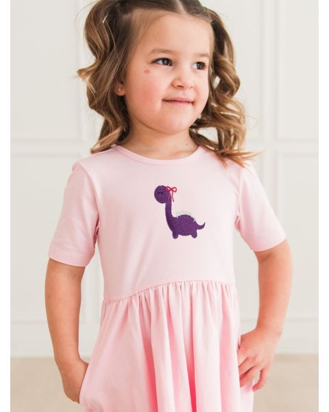 Purple Dino Embroidered Pink Knit Short Sleeve Twirl Dress