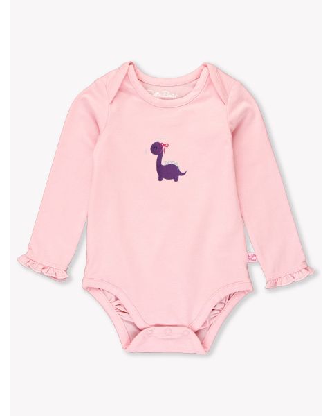 Purple Dino Embroidered Pink Knit Long Sleeve Ruffle Layering Bodysuit