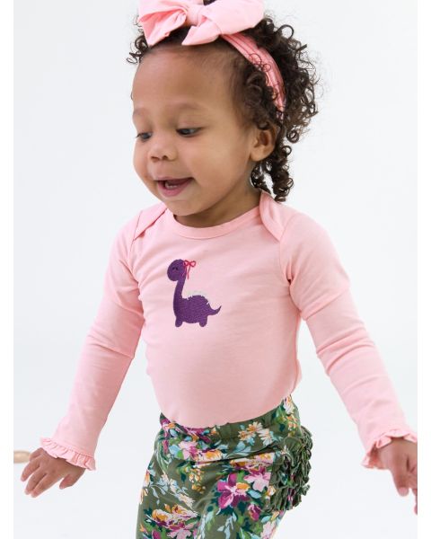 Purple Dino Embroidered Pink Knit Long Sleeve Ruffle Layering Bodysuit