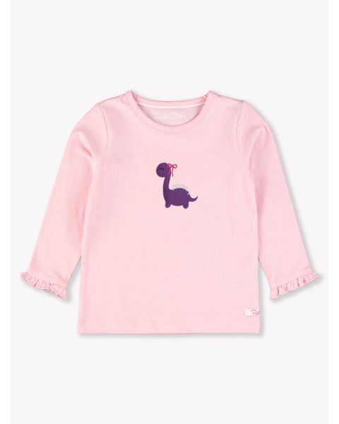 Purple Dino Embroidered Pink Knit Long Sleeve Ruffle Layering Tee