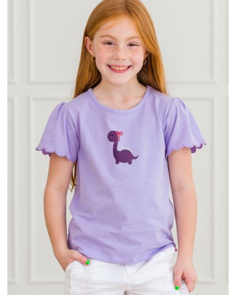 Purple Dino Embroidered Lavender Short Sleeve Scallop Tee