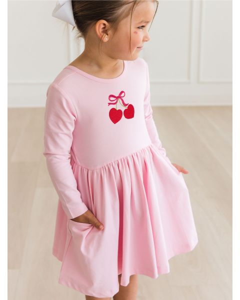Heart Cherries Embroidered Pink Knit Long Sleeve Twirl Dress