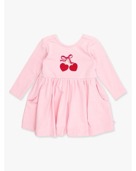 Heart Cherries Embroidered Pink Knit Long Sleeve Twirl Dress