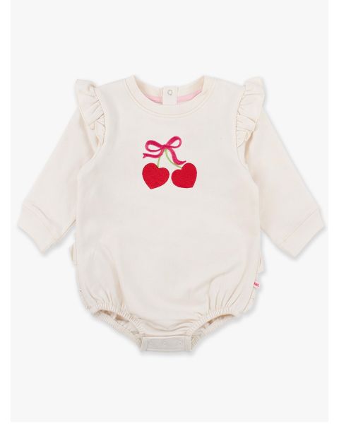 Heart Cherries Embroidered Ivory Sweatshirt Bubble Romper
