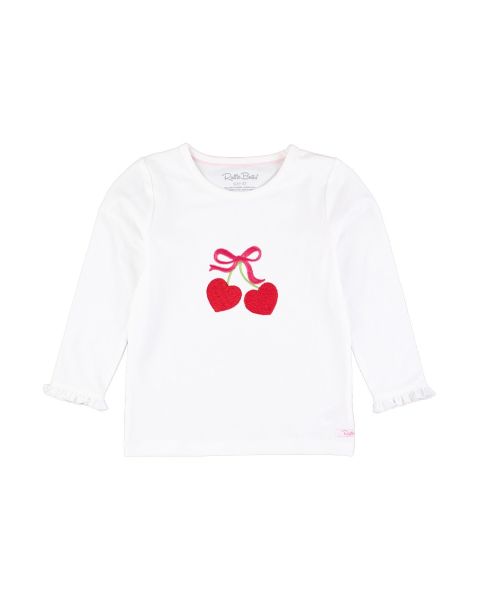 Heart Cherries Embroidered White Knit Long Sleeve Ruffle Layering Tee