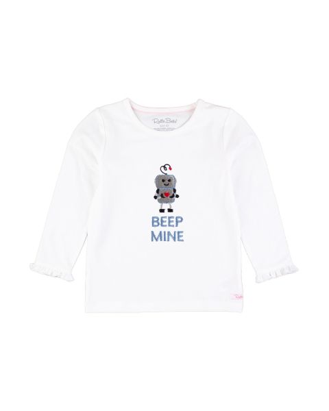 Beep Mine Embroidered White Knit Long Sleeve Ruffle Layering Tee