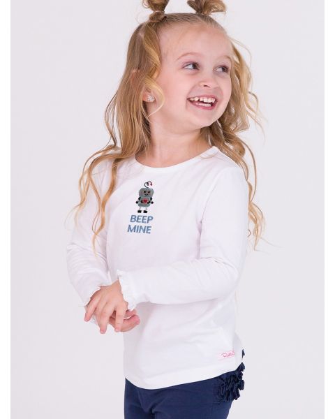 Beep Mine Embroidered White Knit Long Sleeve Ruffle Layering Tee