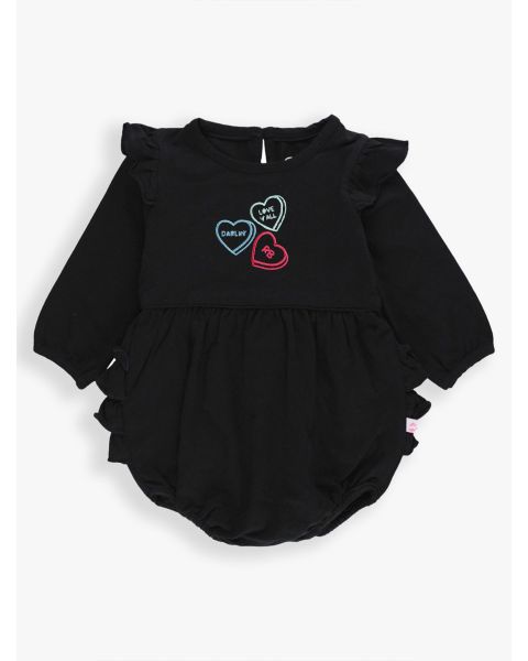 RB Sweet Hearts Embroidered Black Knit Long Sleeve Flutter Bubble Romper