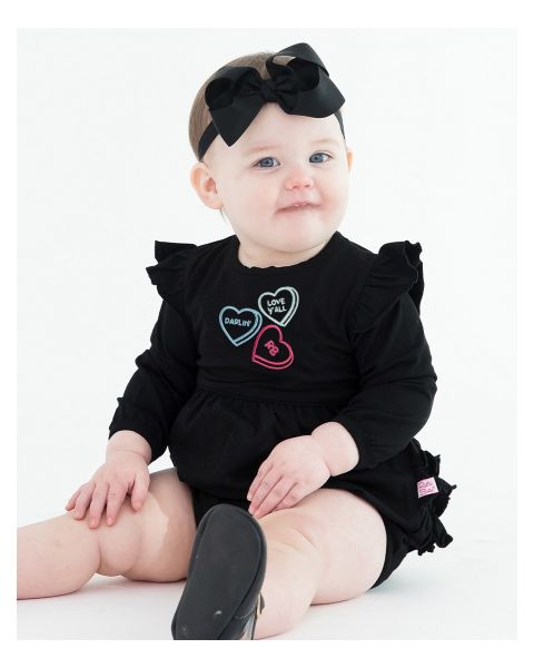 RB Sweet Hearts Embroidered Black Knit Long Sleeve Flutter Bubble Romper
