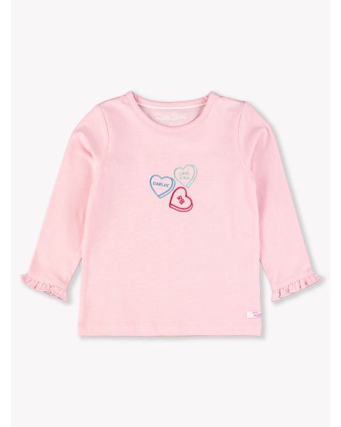 RB Sweet Hearts Embroidered Pink Knit Long Sleeve Ruffle Layering Tee