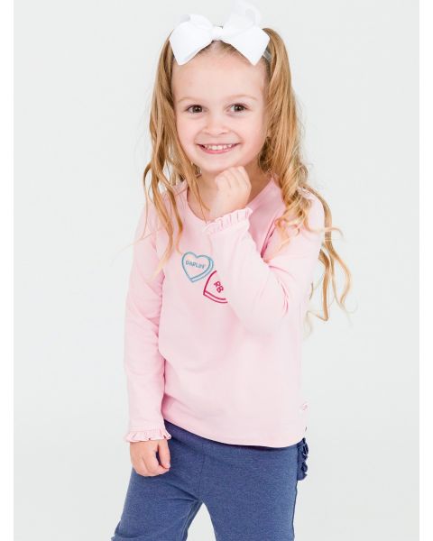 RB Sweet Hearts Embroidered Pink Knit Long Sleeve Ruffle Layering Tee