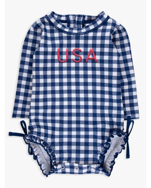 Red USA Embroidered Navy & White Gingham Long Sleeve One Piece Rash Guard Swimsuit, with Signature Rear Ruffles