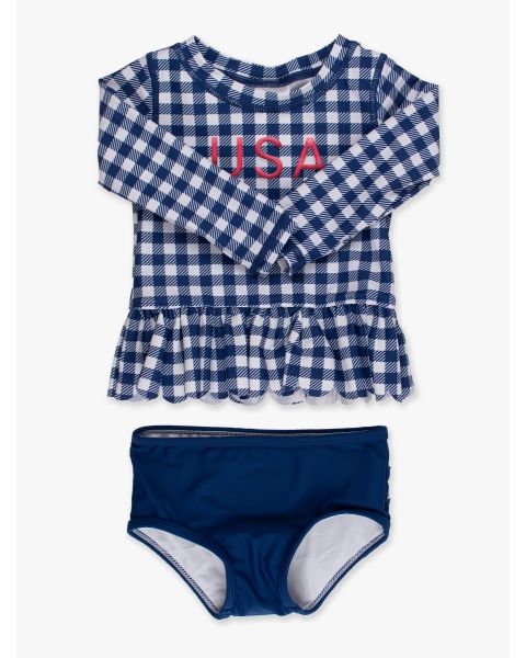 Red USA Embroidered Navy & White Gingham Scallop Hem Long Sleeve Rash Guard 2-Piece, with Signature Rear Ruffles