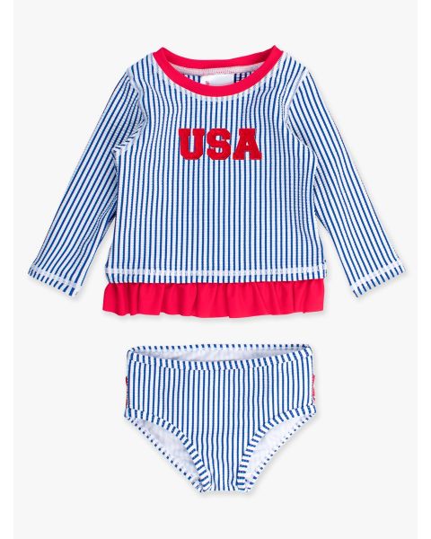 Red USA Embroidered Blue Seersucker Long Sleeve Rash Guard 2-Piece Swimsuit, with Signature Rear Ruffles