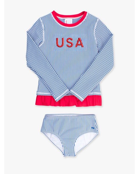 Red USA Embroidered Blue Seersucker Long Sleeve Rash Guard 2-Piece Swimsuit