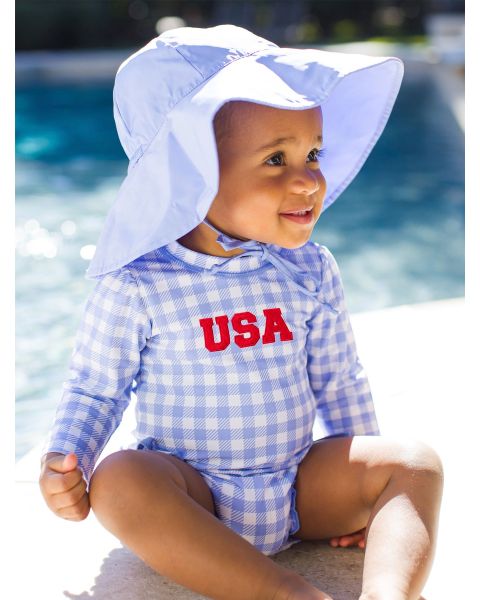 Red USA Embroidered Periwinkle Blue Gingham Long Sleeve One Piece Rash Guard Swimsuit, with Signature Rear Ruffles