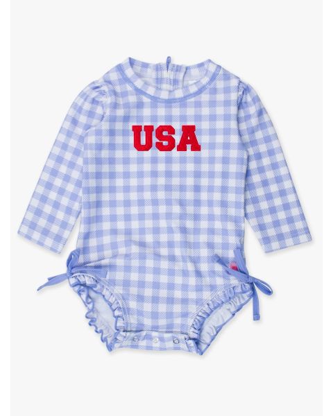 Red USA Embroidered Periwinkle Blue Gingham Long Sleeve One Piece Rash Guard Swimsuit, with Signature Rear Ruffles