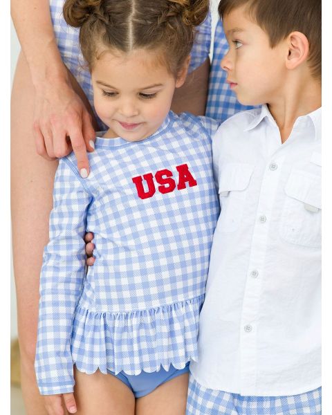 Red USA Embroidered Periwinkle Blue Gingham Scallop Hem Long Sleeve Rash Guard 2-Piece, with Signature Rear Ruffles