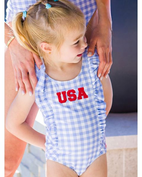 Red USA Embroidered Periwinkle Blue Gingham Waterfall One Piece Swimsuit