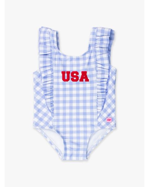Red USA Embroidered Periwinkle Blue Gingham Waterfall One Piece Swimsuit