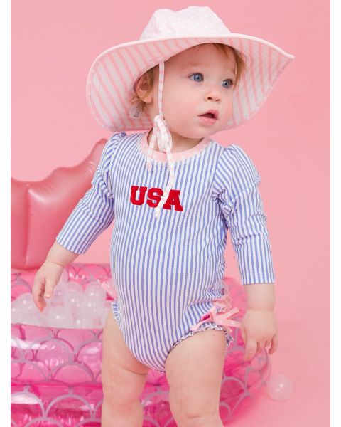 Red USA Embroidered Periwinkle Blue Seersucker Long Sleeve One Piece Rash Guard Swimsuit, with Signature Rear Ruffles