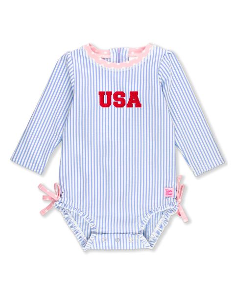 Red USA Embroidered Periwinkle Blue Seersucker Long Sleeve One Piece Rash Guard Swimsuit, with Signature Rear Ruffles