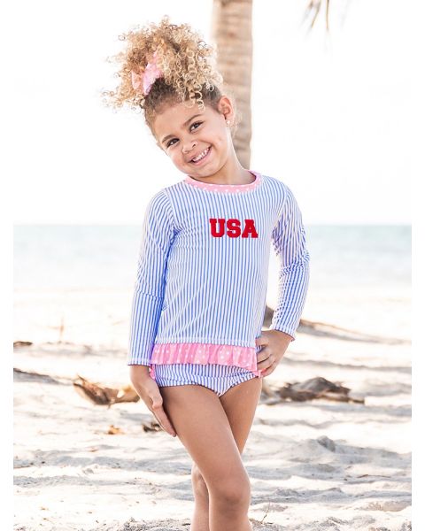 Red USA Embroidered Periwinkle Blue Seersucker Long Sleeve Rash Guard 2-Piece Swimsuit, with Signature Rear Ruffles