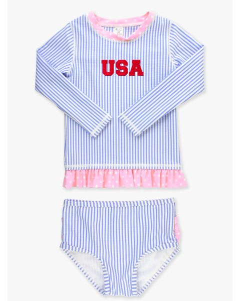 Red USA Embroidered Periwinkle Blue Seersucker Long Sleeve Rash Guard 2-Piece Swimsuit, with Signature Rear Ruffles