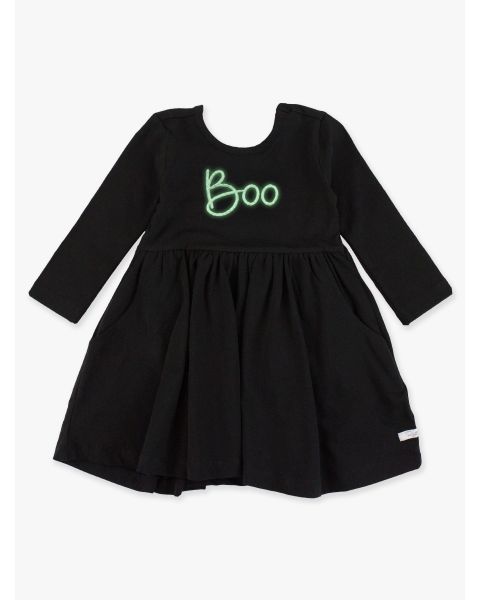 Glow in the Dark Boo Embroidered Black Knit Long Sleeve Twirl Dress