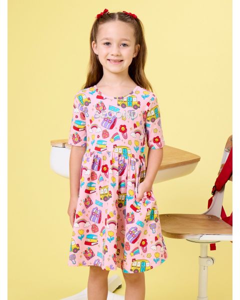 White SECOND Embroidered Classroom Cutie Knit Short Sleeve Twirl Dress