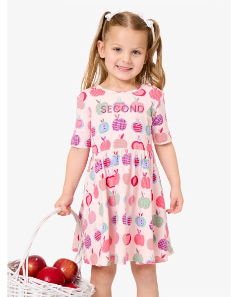 Hot Pink SECOND Embroidered Pink Apple Patch Knit Short Sleeve Twirl Dress
