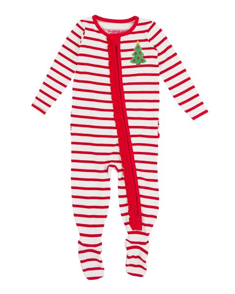 Christmas Tree Embroidered Red & White Stripe Ruffle One Piece Footie Pajamas, Modal Blend