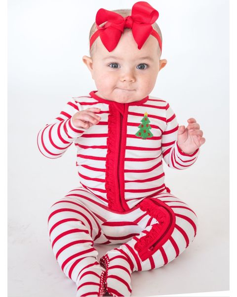 Christmas Tree Embroidered Red & White Stripe Ruffle One Piece Footie Pajamas, Modal Blend