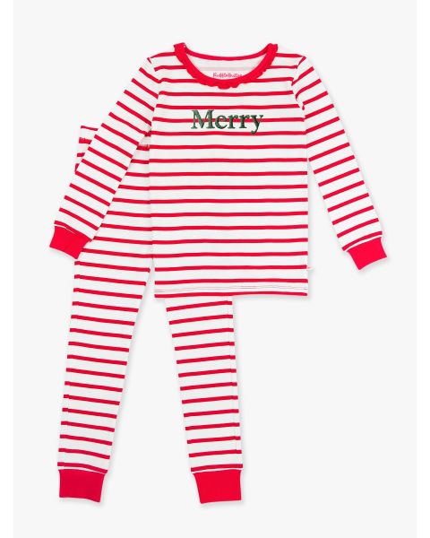 Pine Merry Embroidered Red & White Stripe Toddler Ruffle Long Sleeve Pajama Set, Modal Blend
