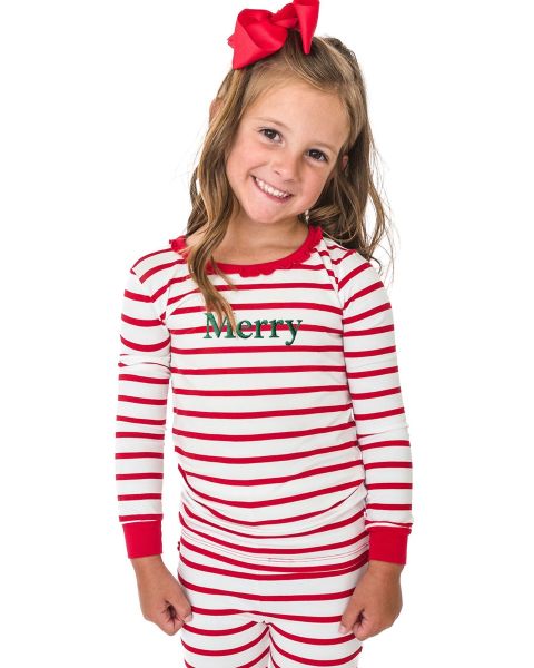 Pine Merry Embroidered Red & White Stripe Toddler Ruffle Long Sleeve Pajama Set, Modal Blend