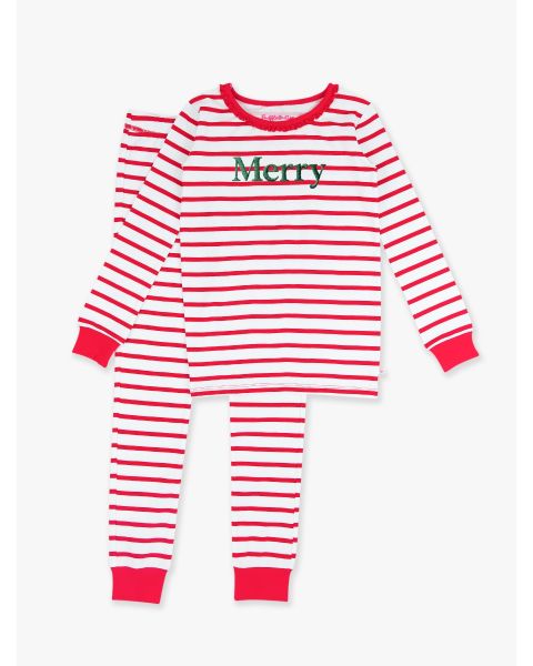 Pine Merry Embroidered Red & White Stripe Ruffle Long Sleeve Pajama Set, Modal Blend