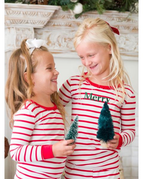 Pine Merry Embroidered Red & White Stripe Ruffle Long Sleeve Pajama Set, Modal Blend
