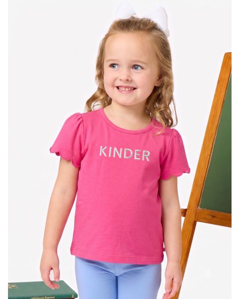 White Kinder Embroidered Hot Pink Short Sleeve Scallop Tee