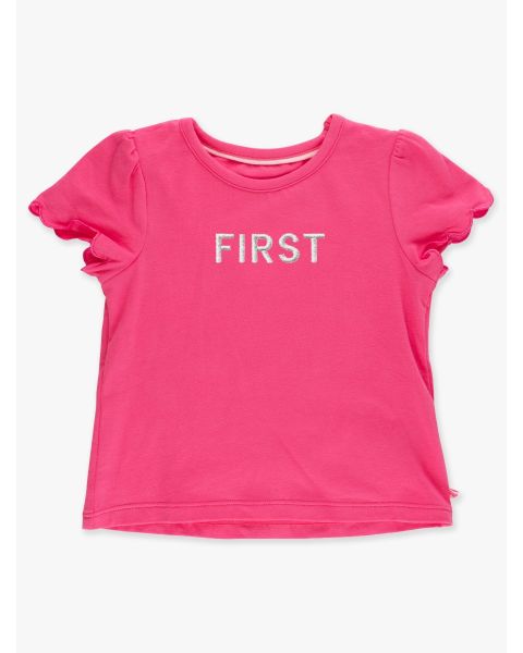 White First Embroidered Hot Pink Short Sleeve Scallop Tee