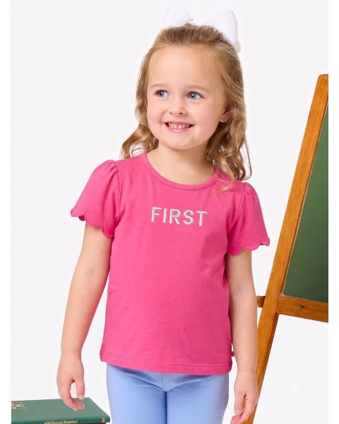 White First Embroidered Hot Pink Short Sleeve Scallop Tee